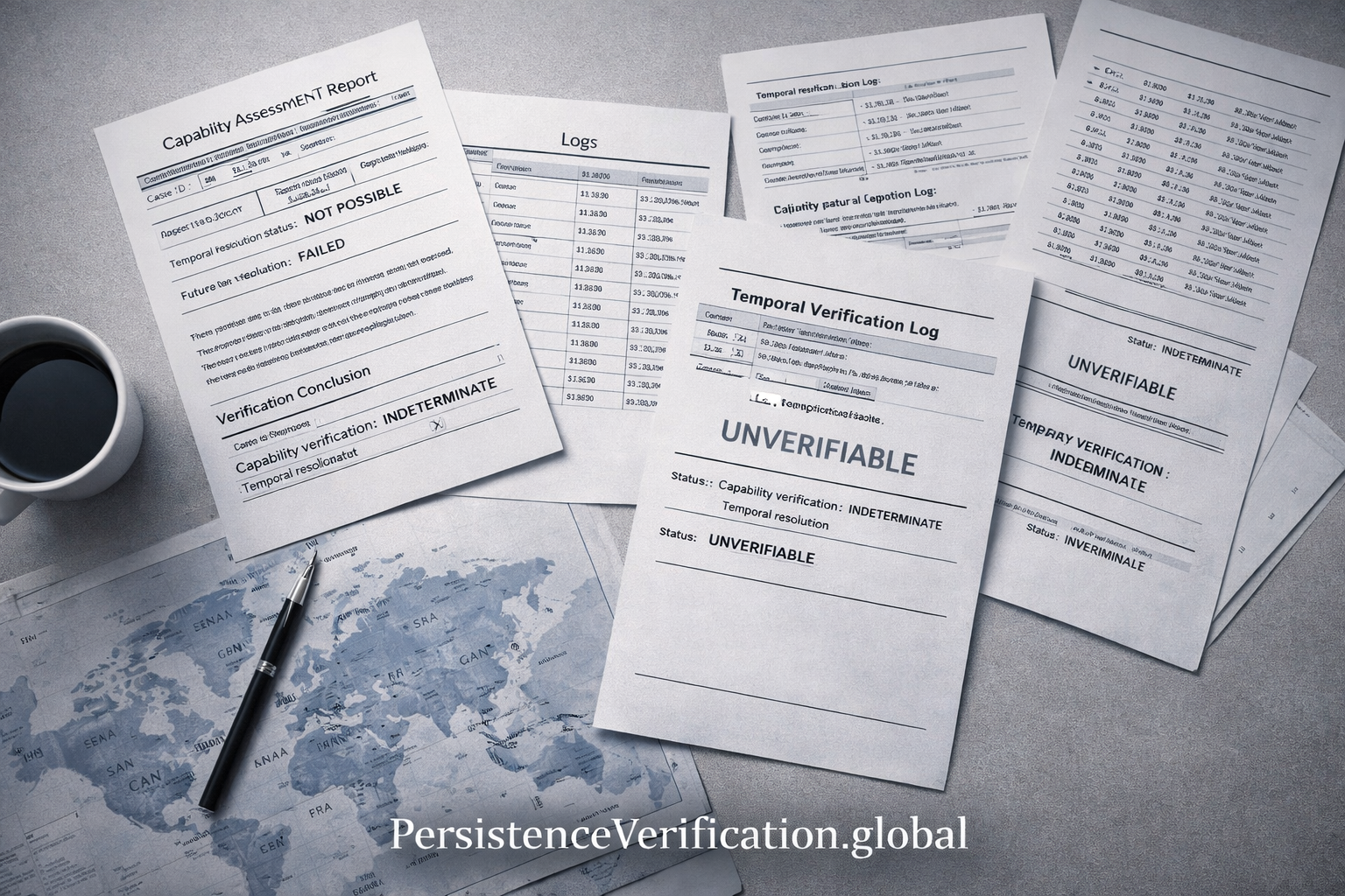 Documents marked UNVERIFIABLE showing failed capability verification and temporal resolution across multiple verification logs