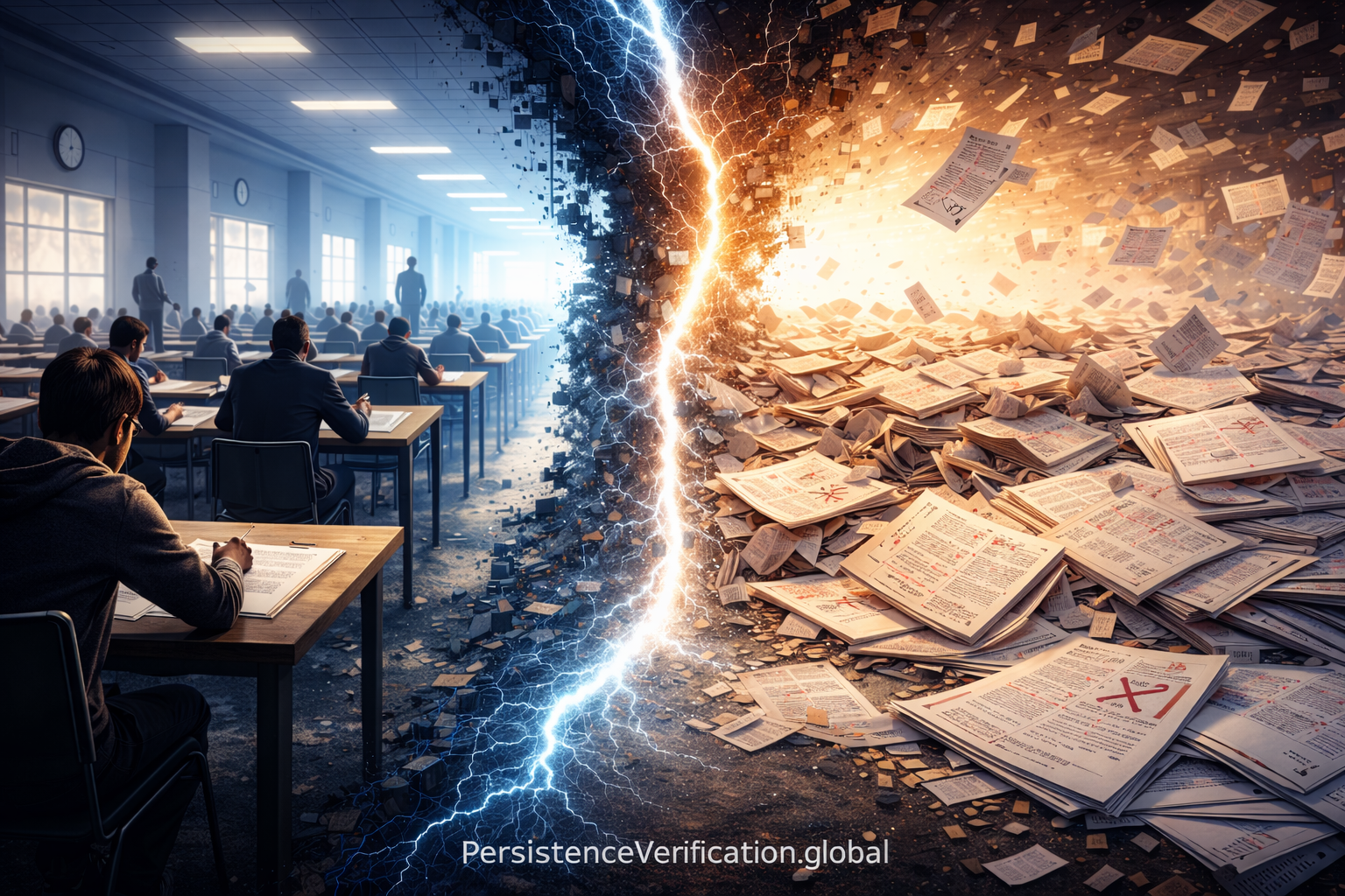 Split image showing examination room on left transitioning through lightning bolt to exploding test papers on right, illustrating categorical collapse of assessment infrastructure in 2024