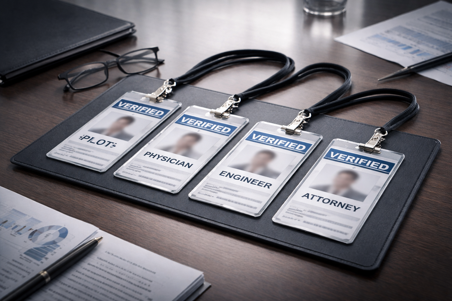 Four professional ID badges marked VERIFIED showing blurred faces of pilot, physician, engineer, and attorney—illustrating unprovable competence despite credentials