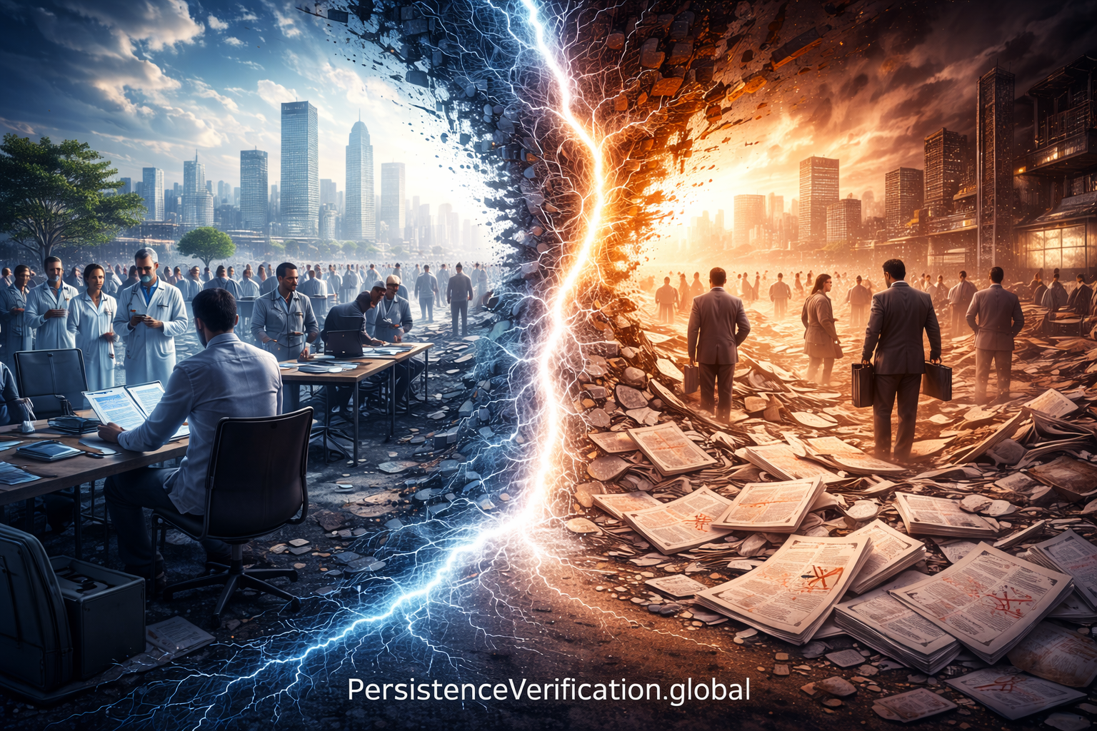 Split image showing healthcare and business professionals in ordered environment on left transitioning through lightning to chaotic credential collapse on right, illustrating civilization-wide verification infrastructure failure