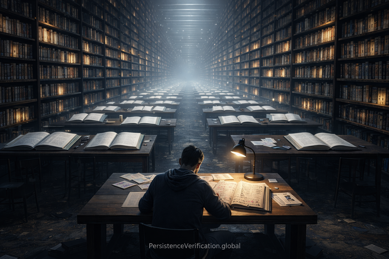 Student studying alone in vast library with empty desks and open books, illustrating how AI makes learning invisible while completion metrics show success